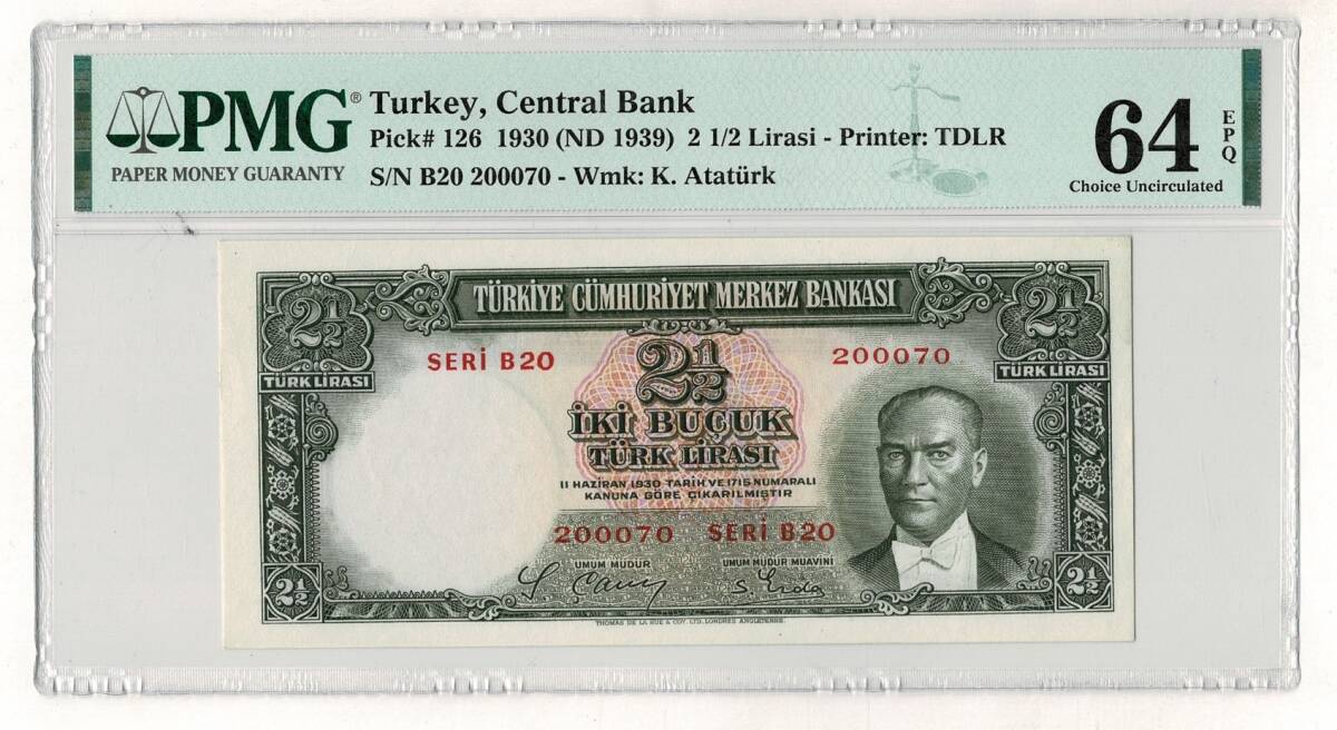2.Emisyon 1. Tertip 2½ Türk Lirası Seri B20 PMG64 NATUREL/ÇİL** TCK9475 - 1
