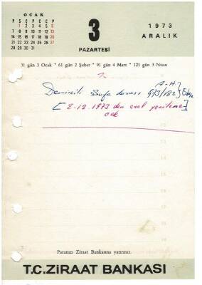 3 - 4 Aralık 1973 Ziraat Bankası Masa Takvimi Takvim Yaprağı EFM1262 - 3