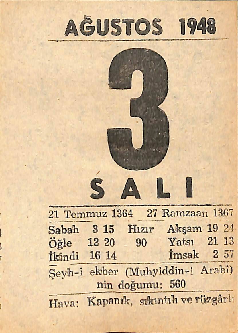 3 Ağustos 1948 Takvim Yaprağı - Doğum Günü Hediyesi EFMN14435 - 1