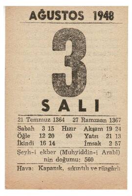 3 Ağustos 1948 Takvim Yaprağı EFM865 - 3