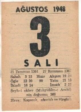3 Ağustos 1948 Takvim Yaprağı EFM(N)1449 - 3