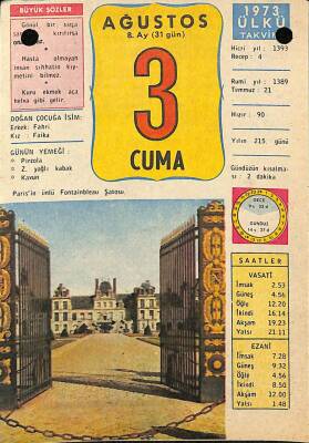 3 Ağustos 1973 Takvim Yaprağı - Doğum Günü Hediyesi EFM(N)9619 - 1