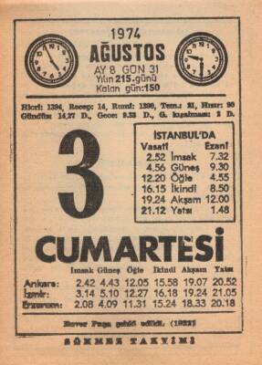 3 Ağustos 1974 Takvim Yaprağı EFM(N)2234 - 3