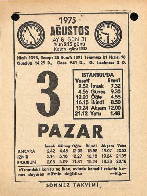 3 Ağustos 1975 Takvim Yaprağı - Doğum Günü Hediyesi EFM(N)9639 - 2