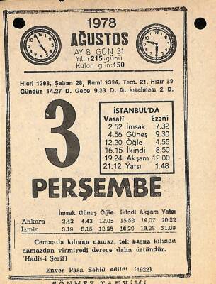 3 Ağustos 1978 Takvim Yaprağı - Doğum Günü Hediyesi EFM(N)9721 - 1