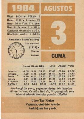 3 Ağustos 1984 Takvim Yaprağı EFM(N)2236 - 1