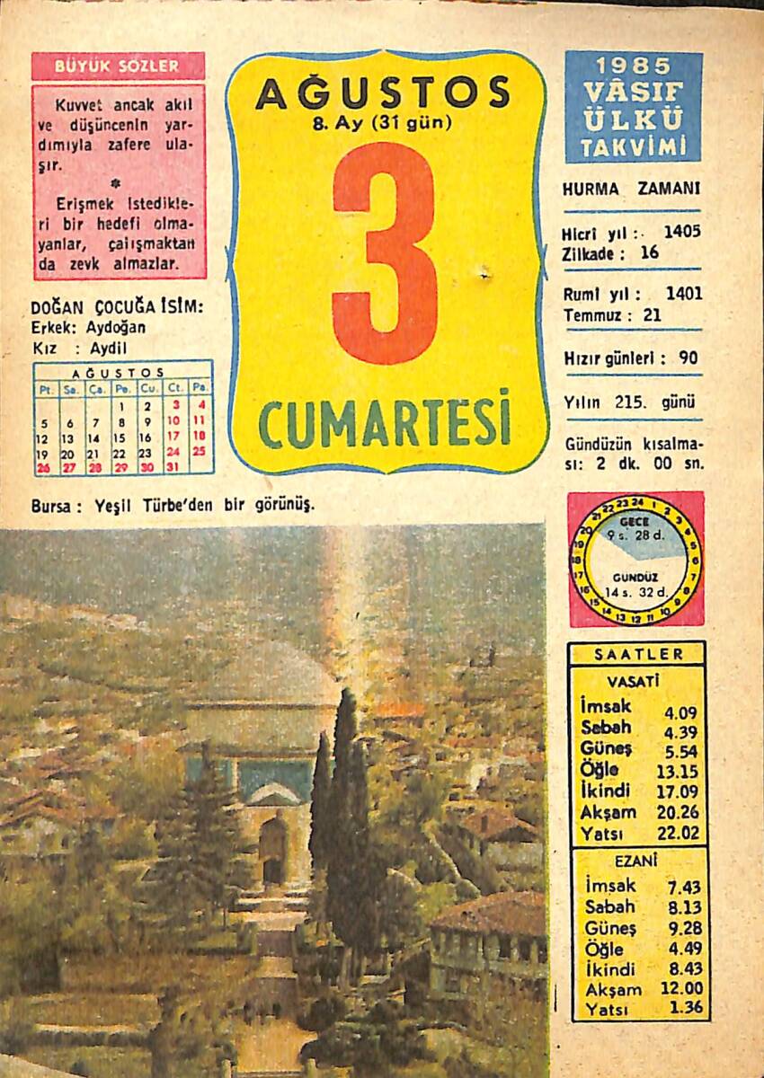 3 Ağustos 1985 Takvim Yaprağı - Doğum Günü Hediyesi EFMN13968 - 1