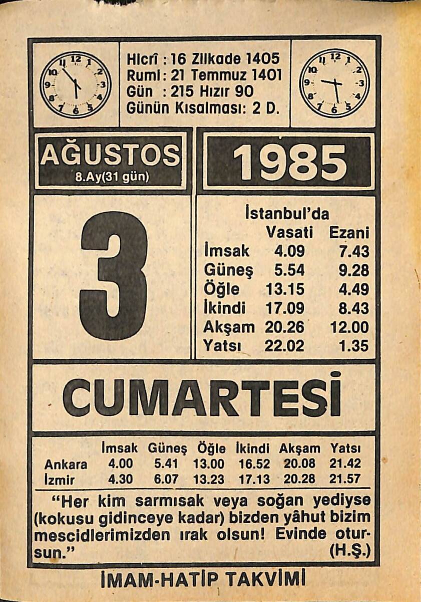 3 Ağustos 1985 Takvim Yaprağı - Doğum Günü Hediyesi EFMN15710 - 1