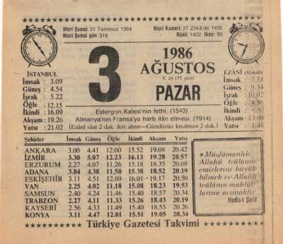 3 Ağustos 1986 Takvim Yaprağı EFM(N)2238 - 3