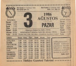 3 Ağustos 1986 Takvim Yaprağı EFM(N)2238 - 1