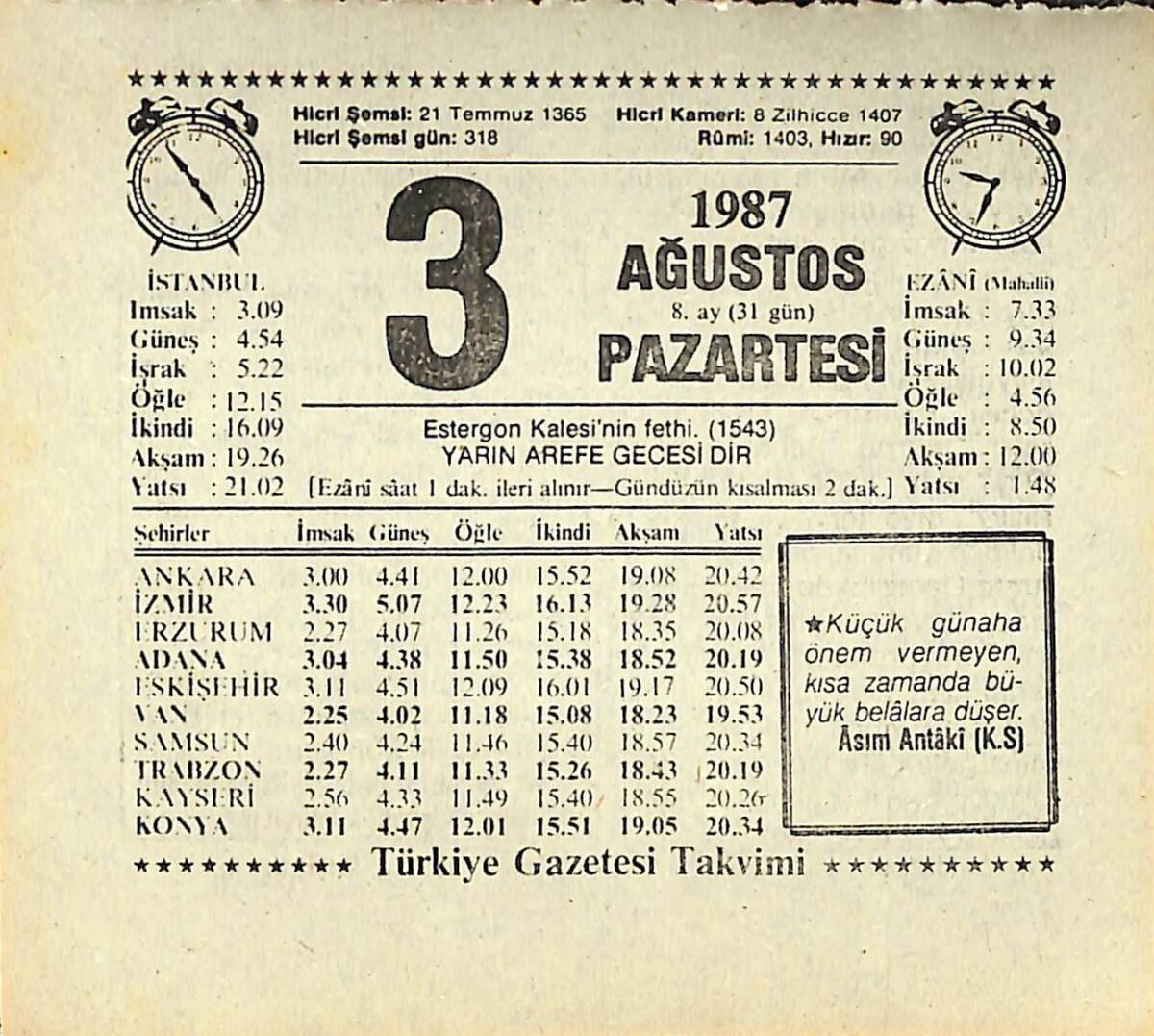 3 Ağustos 1987 Takvim Yaprağı - Doğum Günü Hediyesi EFMN13846 - 1