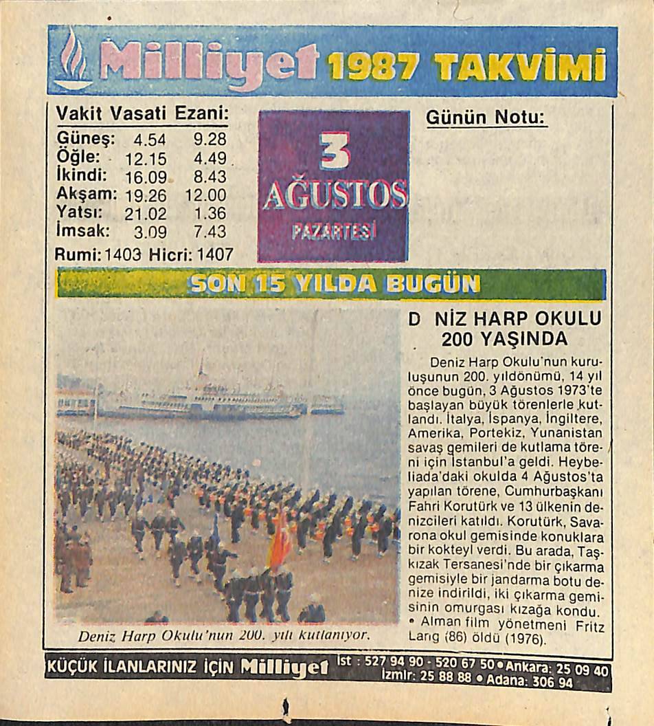 3 Ağustos 1987 Takvim Yaprağı - Doğum Günü Hediyesi EFMN14115 - 1