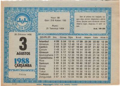 3 Ağustos 1988 Takvim Yaprağı EFM(N)2239 - 2