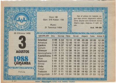 3 Ağustos 1988 Takvim Yaprağı EFM(N)2239 - 1