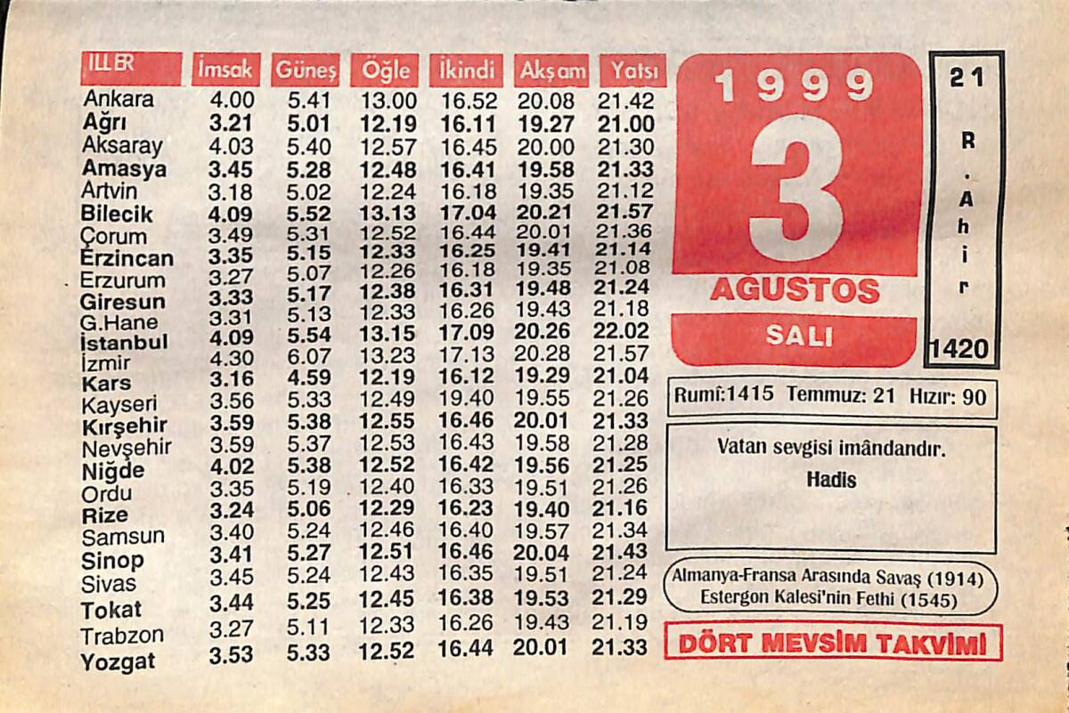 3 Ağustos 1999 Takvim Yaprağı - Doğum Günü Hediyesi EFMN14053 - 1
