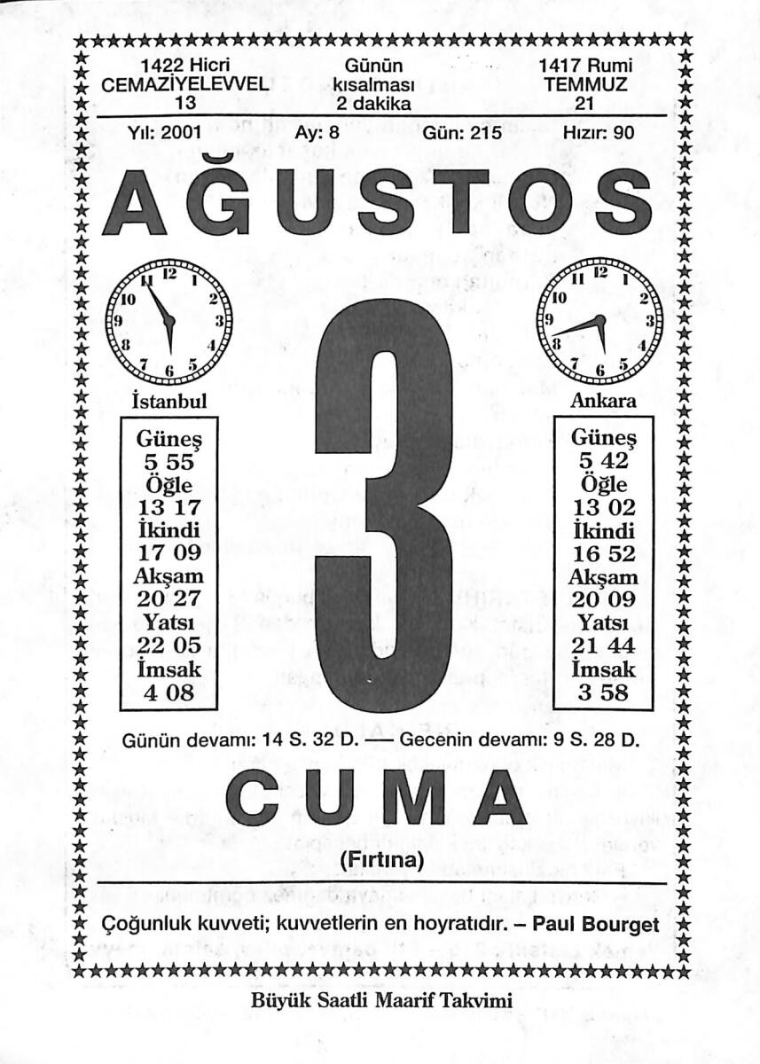 3 Ağustos 2001 Takvim Yaprağı - Doğum Günü Hediyesi EFMN14227 - 1