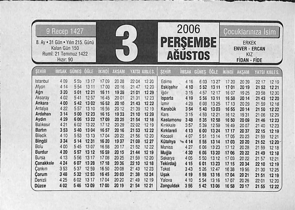 3 Ağustos 2006 Takvim Yaprağı - Doğum Günü Hediyesi EFMN14150 - 1