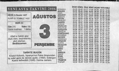 3 Ağustos 2006 Takvim Yaprağı - Doğum Günü Hediyesi EFM(N)9939 - 1