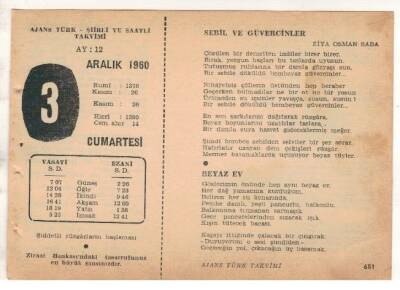 3 Aralık 1960 Ajans Türk Takvim Yaprağı (Şiirli Saatli) EFM(N) 1799 - 2