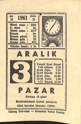 3 Aralık 1961 Takvim Yaprağı - Doğum Günü Hediyesi EFM(N)11511 - 1
