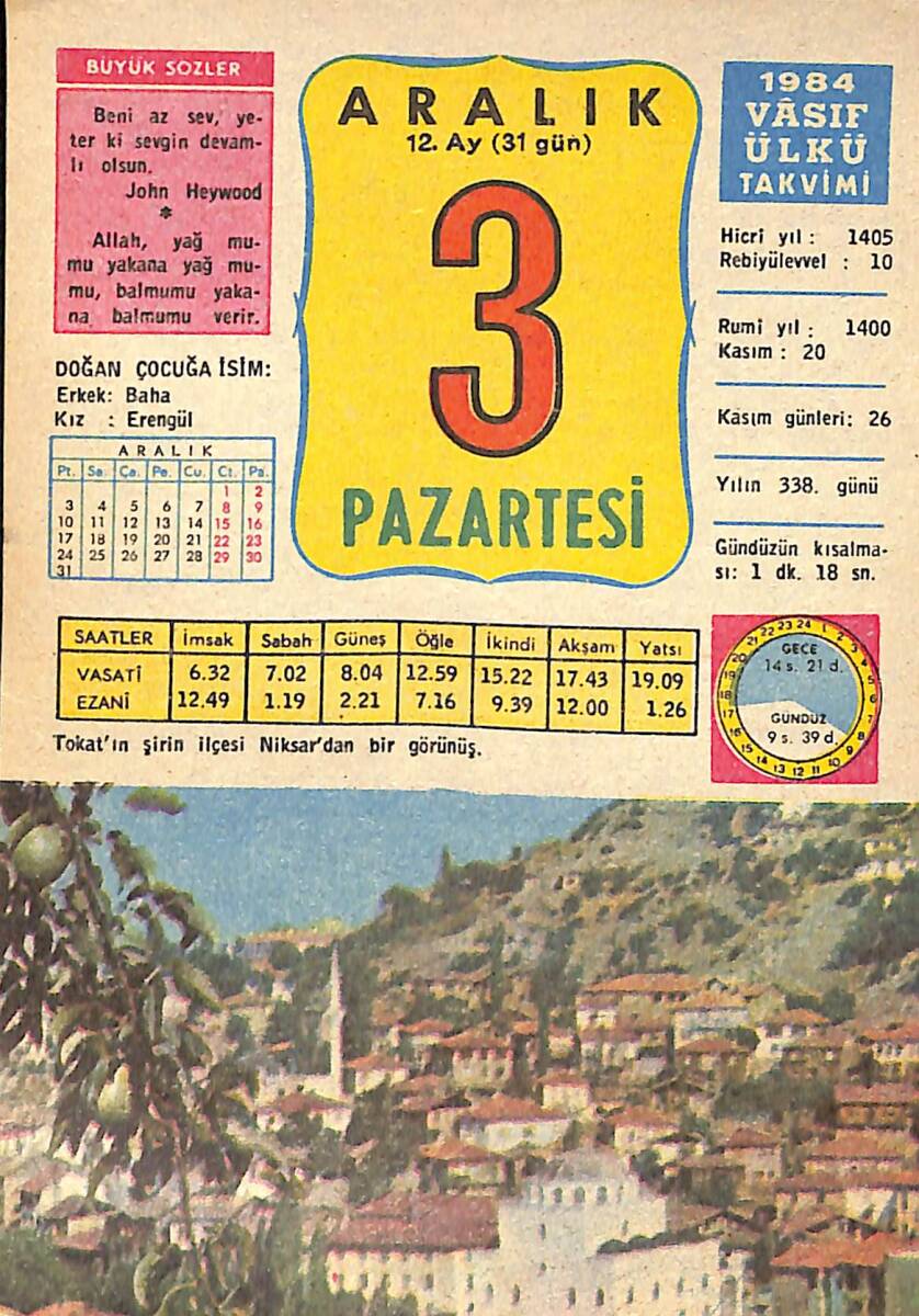 3 Aralık 1984 Takvim Yaprağı - Doğum Günü Hediyesi EFMN14778 - 1