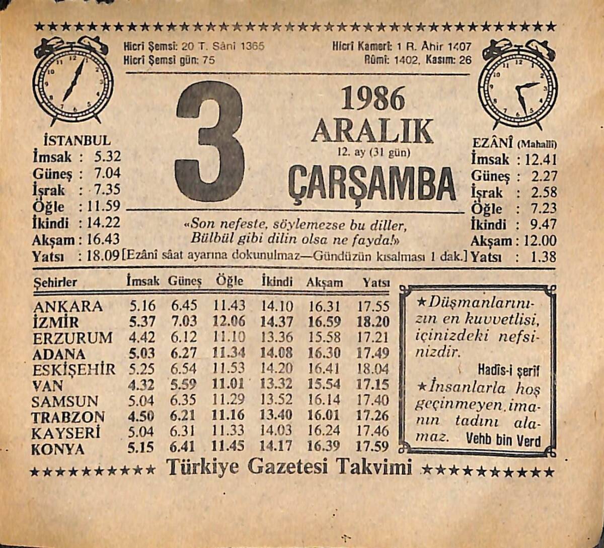 3 Aralık 1986 Takvim Yaprağı - Doğum Günü Hediyesi EFMN14870 - 1
