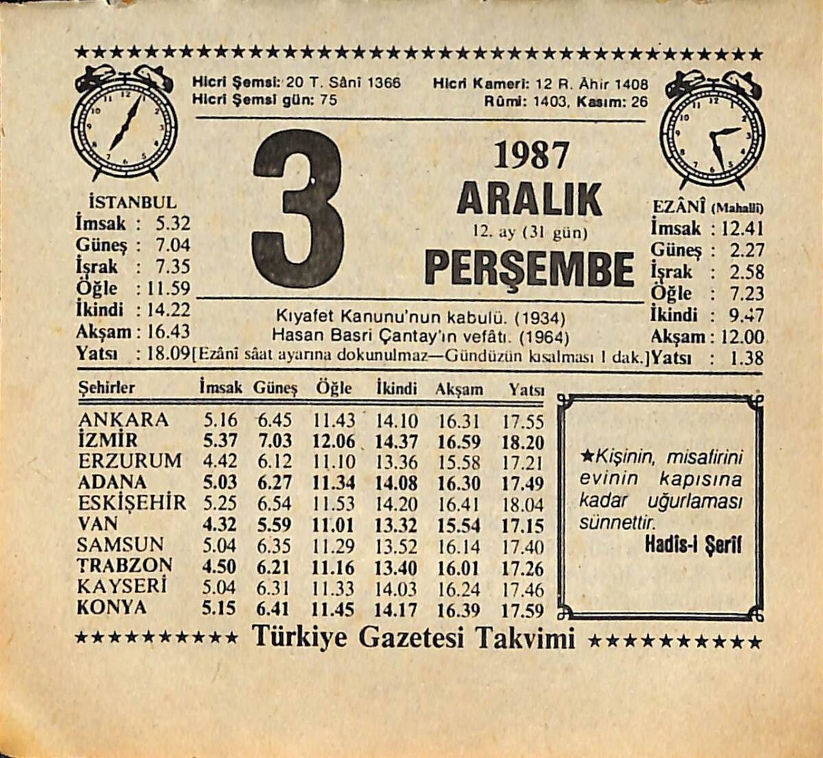 3 Aralık 1987 Takvim Yaprağı - Doğum Günü Hediyesi EFMN15008 - 1