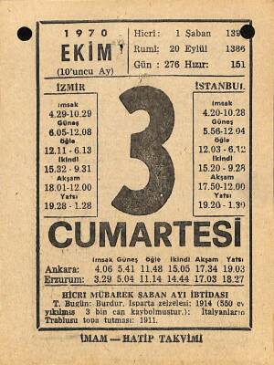 3 Ekim 1970 Takvim Yaprağı - Doğum Günü Hediyesi EFM(N)10532 - 4
