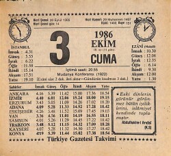 3 Ekim 1986 Takvim Yaprağı - Doğum Günü Hediyesi EFMN14928 - Gökçekoleksiyon
