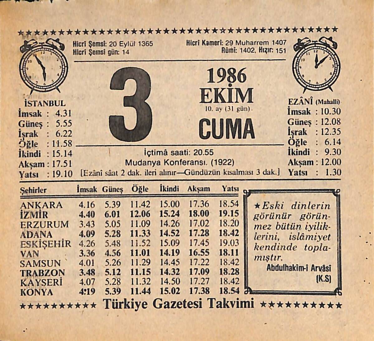 3 Ekim 1986 Takvim Yaprağı - Doğum Günü Hediyesi EFMN14928 - 1