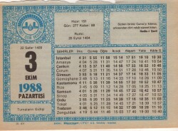 3 Ekim 1988 Takvim Yaprağı EFM(N)3190 - 3