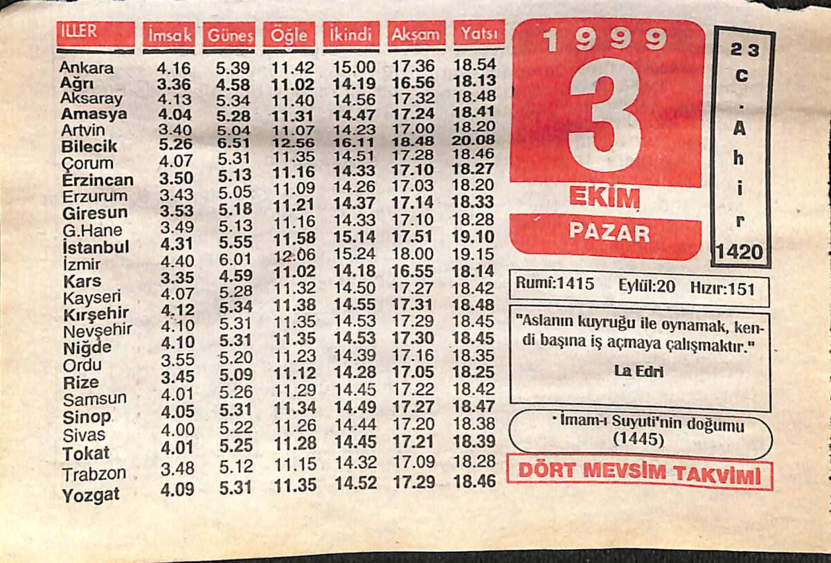 3 Ekim 1999 Takvim Yaprağı - Doğum Günü Hediyesi EFMN14084 - 1