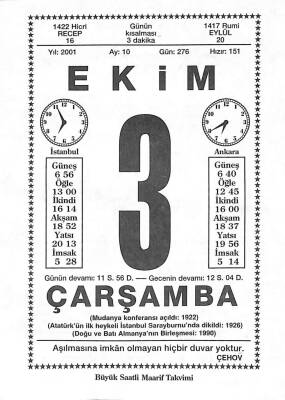 3 Ekim 2001 Takvim Yaprağı - Doğum Günü Hediyesi EFM(N)10470 - 2
