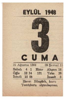 3 Eylül 1948 Takvim Yaprağı EFM855 - 1