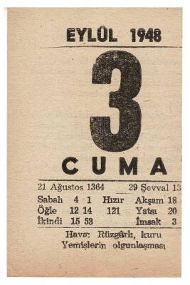 3 Eylül 1948 Takvim Yaprağı EFM855 - 3