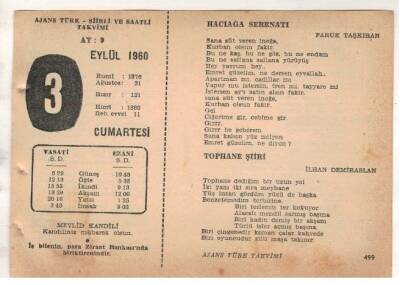3 Eylül 1960 Ajans Türk Takvim Yaprağı (Şiirli Saatli) EFM(N) 1712 - 4