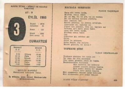 3 Eylül 1960 Ajans Türk Takvim Yaprağı (Şiirli Saatli) EFM(N) 1712 - 3