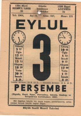3 Eylül 1964 Takvim Yaprağı EFM(N)3502 - 2