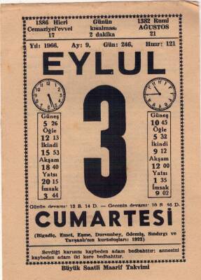 3 Eylül 1966 Takvim Yaprağı EFM(N)3503 - 1