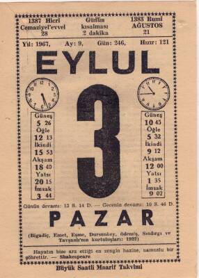 3 Eylül 1967 Takvim Yaprağı EFM(N)3500 - 2