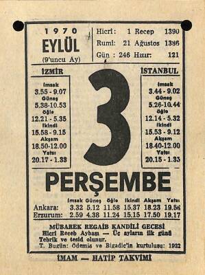 3 Eylül 1970 Takvim Yaprağı - Doğum Günü Hediyesi EFM(N)9879 - 1