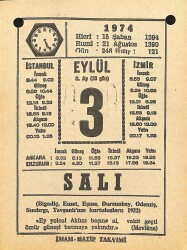 3 Eylül 1974 Takvim Yaprağı - Doğum Günü Hediyesi EFM(N)12171 - Gökçekoleksiyon