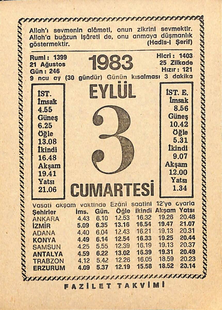 3 Eylül 1983 Takvim Yaprağı - Doğum Günü Hediyesi EFMN15376 - 1