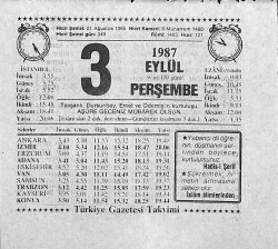 3 Eylül 1987 Takvim Yaprağı - Doğum Günü Hediyesi EFMN13938 - Gökçekoleksiyon