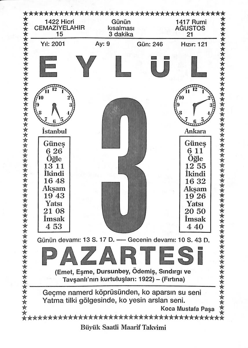 3 Eylül 2001 Takvim Yaprağı - Doğum Günü Hediyesi EFMN14196 - 1