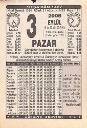 3 Eylül 2006 Takvim Yaprağı - Doğum Günü Hediyesi EFMN15849 - Gökçekoleksiyon
