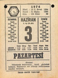 3 Haziran 1974 Takvim Yaprağı - Doğum Günü Hediyesi EFM(N)11972 - Gökçekoleksiyon