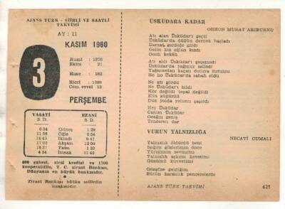 3 Kasım 1960 Ajans Türk Takvim Yaprağı (Şiirli Saatli) EFM(N) 1769 - 1