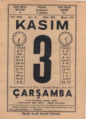 3 Kasım 1965 Takvim Yaprağı EFM(N)3653 - 3