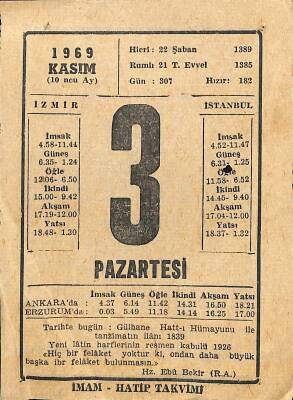 3 Kasım 1969 Takvim Yaprağı - Doğum Günü Hediyesi EFM(N)11841 - 1